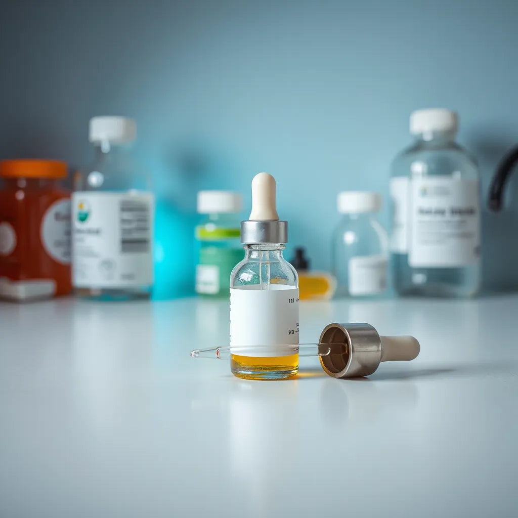 Sterile vial and dropper bottle on a clean laboratory surface for safer storage