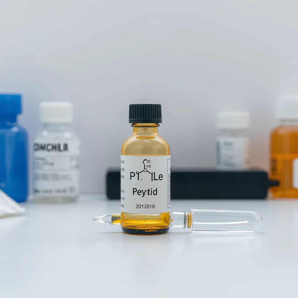 Lab bench with a peptide vial and pipette, with a subtle molecular structure background