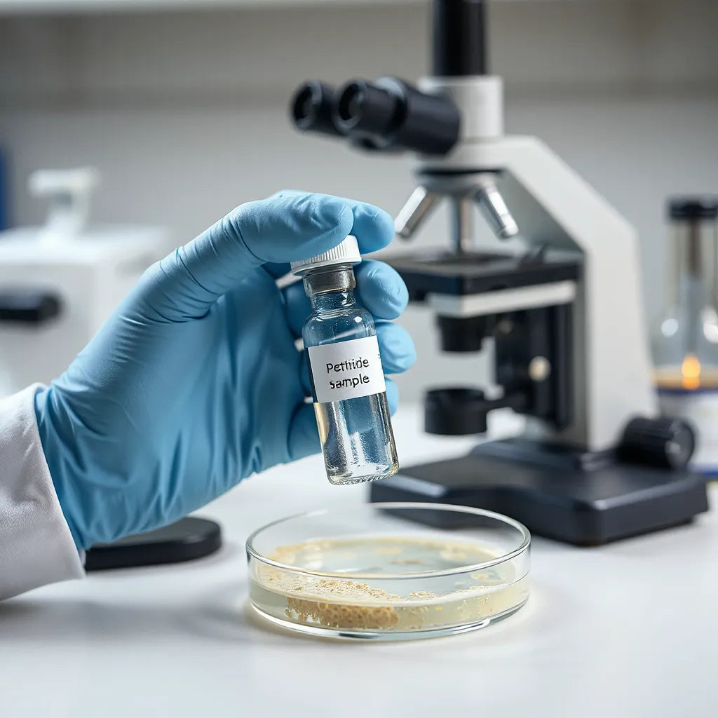 Scientist handling a vial beside a petri dish and microscope in a clean laboratory setting