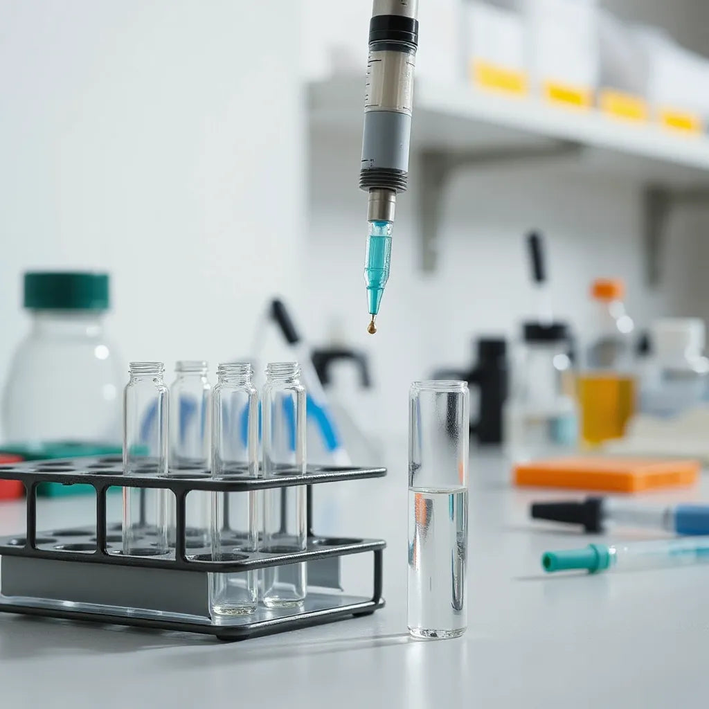 Sterile laboratory setup with unlabeled vials and a pipetting process on a clean bench