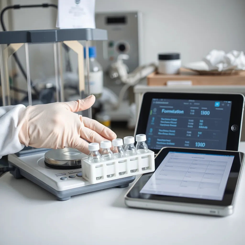 Gloved hands holding sterile vials beside lab equipment in a modern biotech setting