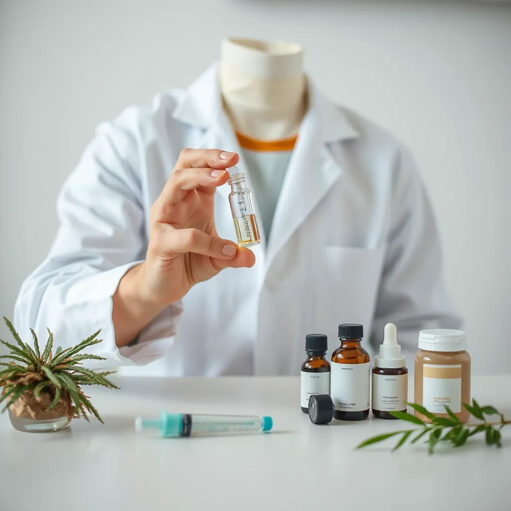 Clinician holding a peptide vial beside clean wellness supplies in a bright, modern setting