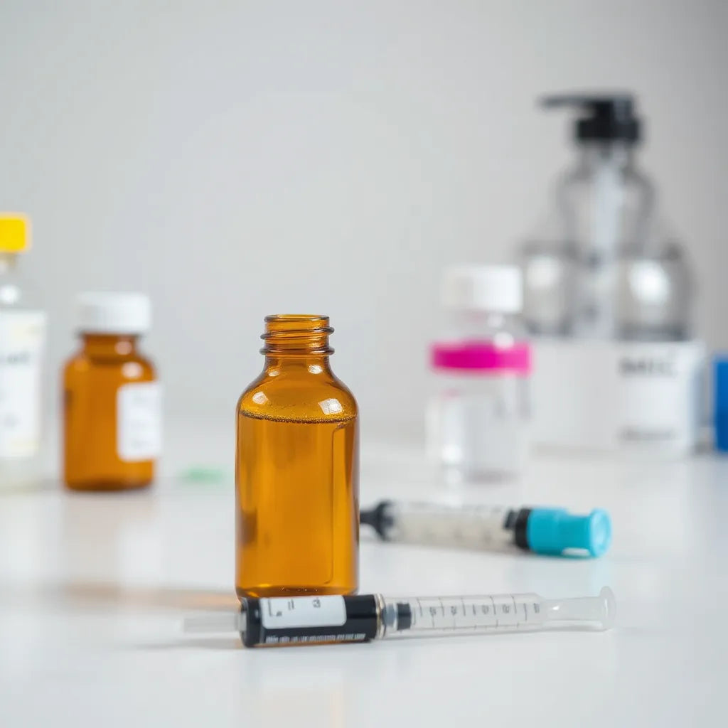 Amber vial and syringe on a clean lab bench with subtle molecular background