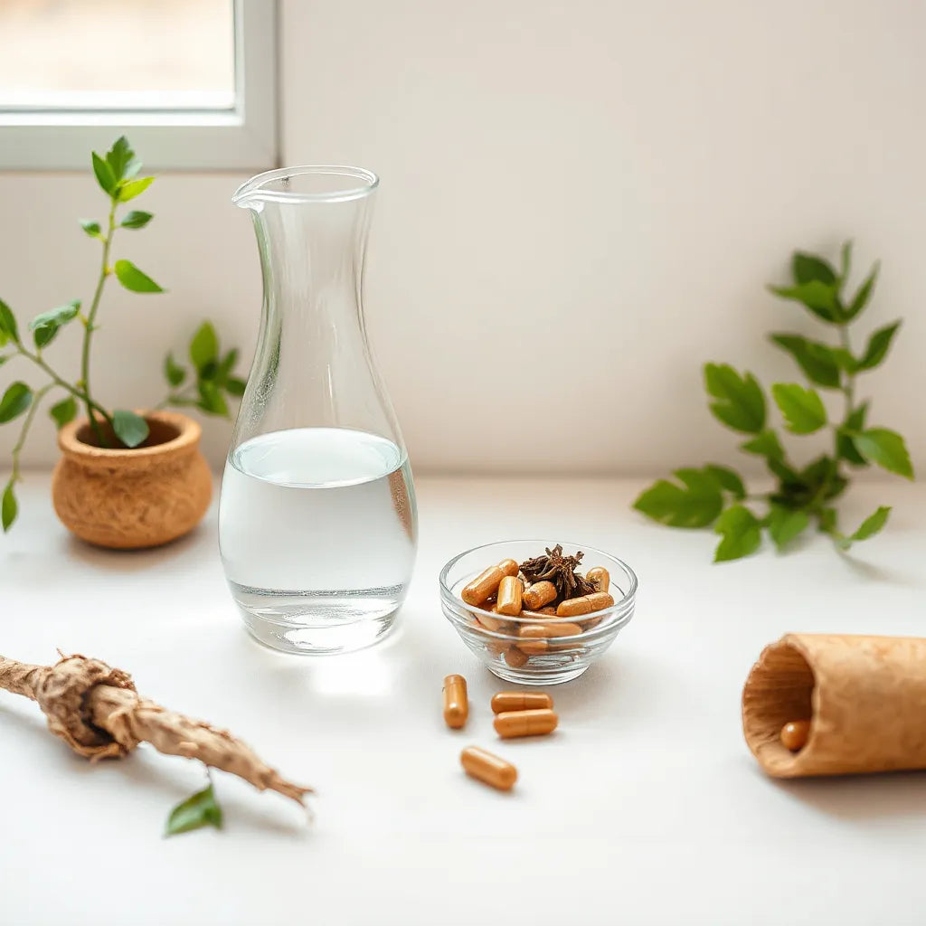 Herbal ingredients and supplement capsules on a clean neutral surface with soft natural light