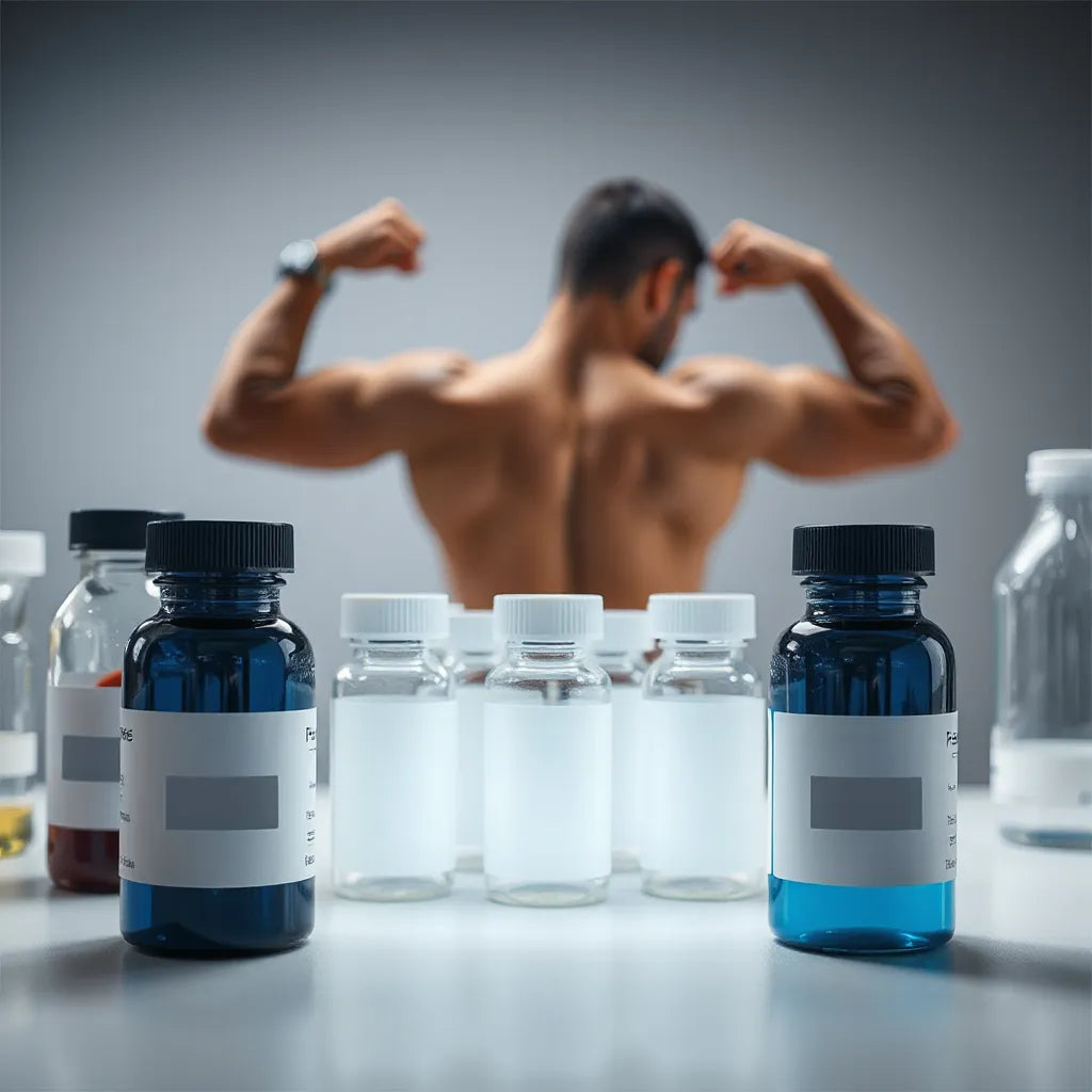 Muscular athlete silhouette with minimal lab research elements suggesting peptide-based muscle growth support