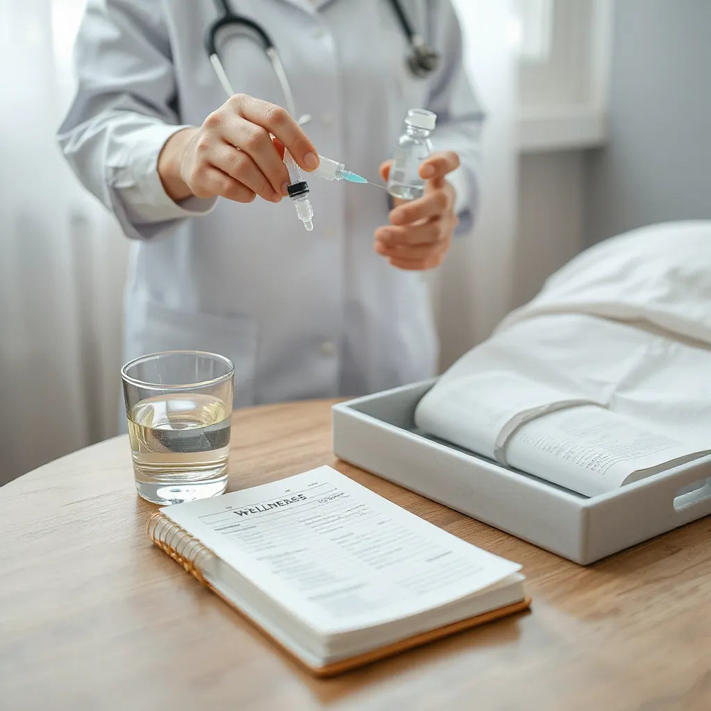 Healthcare professional holding a vial and syringe in a calm, minimal wellness setting