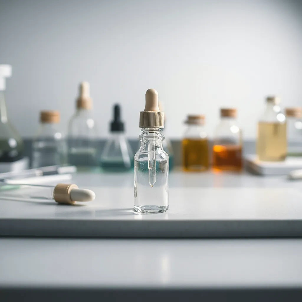 Glass vial and dropper on a lab bench with soft lighting and minimal scientific tools in the background