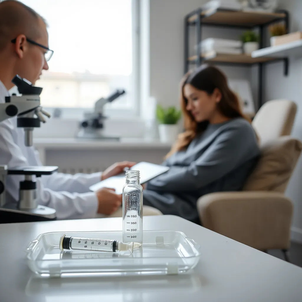 Clinician reviewing a tablet in a clean room beside a sterile tray with an unlabeled vial and syringe
