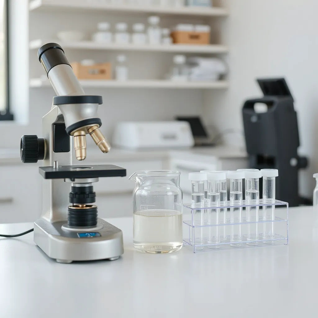 Laboratory bench with precision pipette, beaker, and neatly arranged sample vials in a rack under soft lighting