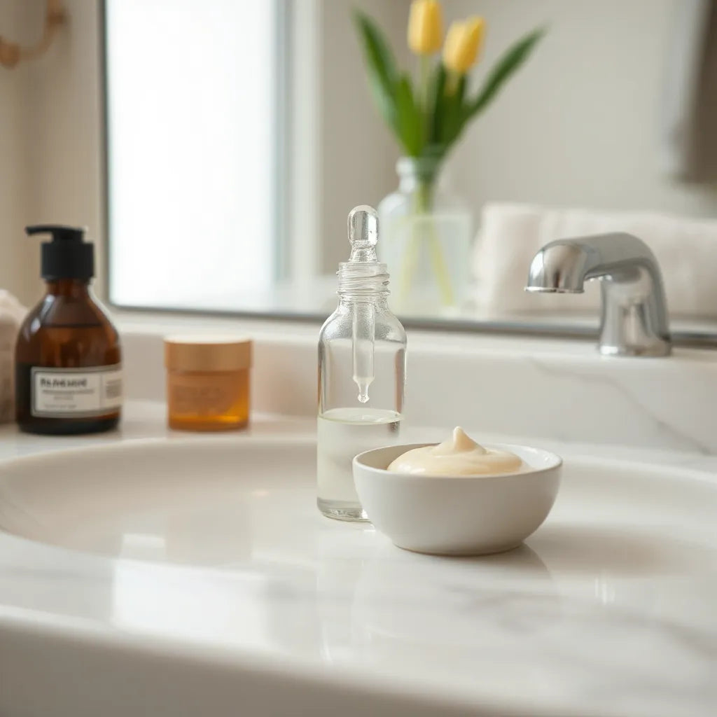 Skincare dropper bottle and gel on a clean vanity with soft, neutral lighting