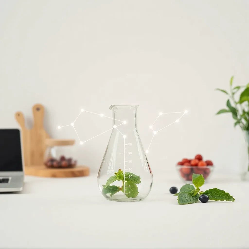 Clean desk scene with a glowing metabolic pathway overlay and healthy food elements in soft focus
