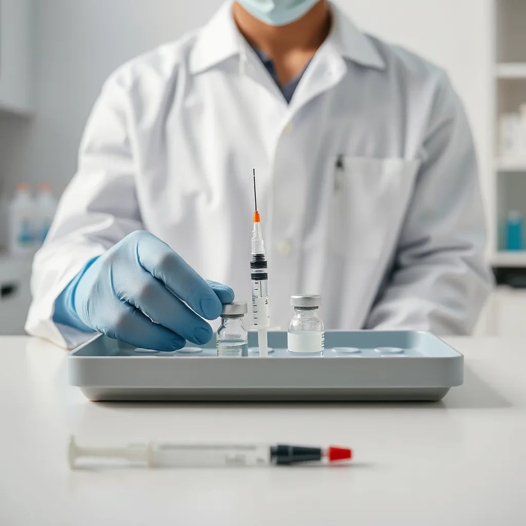 Clinician holding a syringe beside sterile medical supplies in a clean, well-lit setting