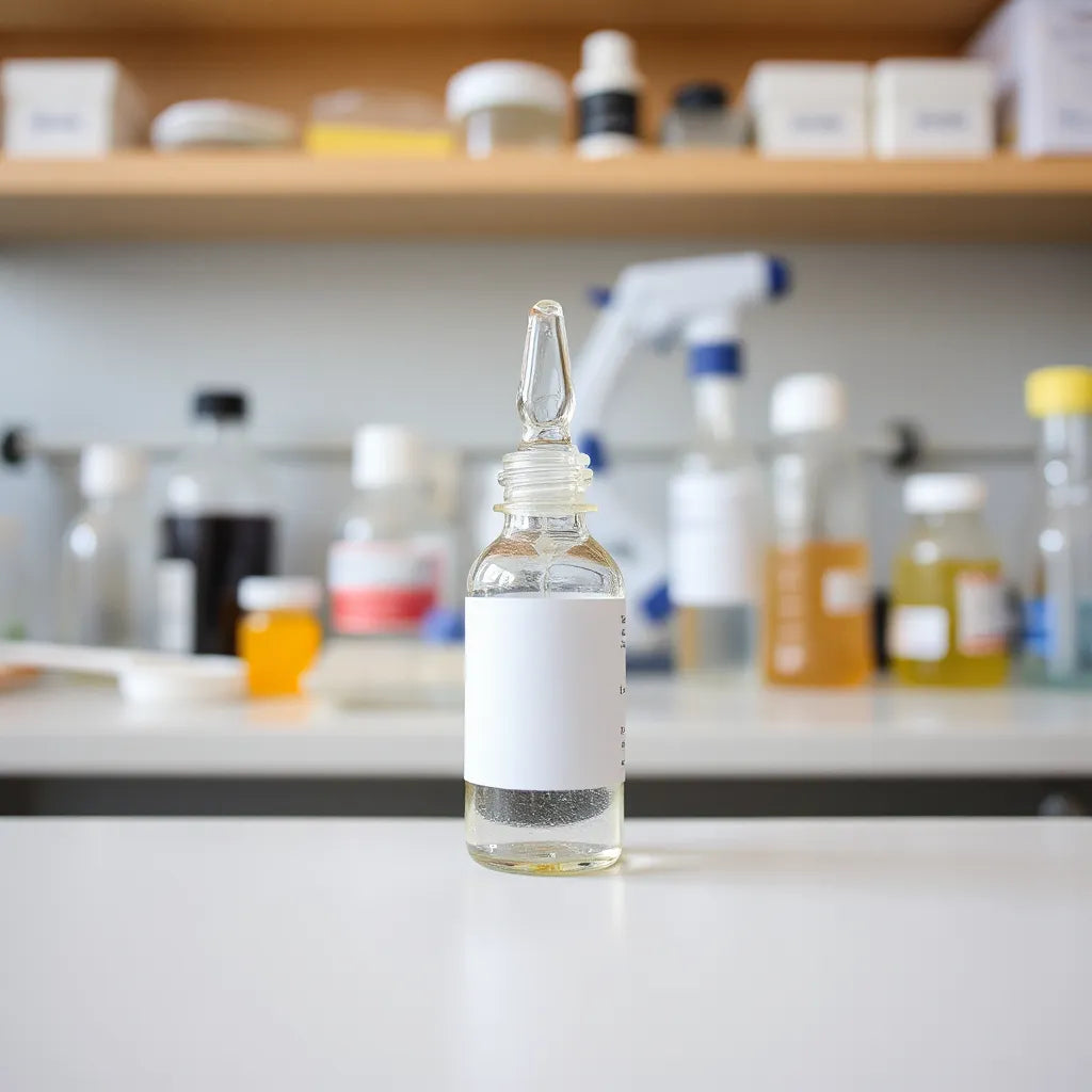 Small peptide vial and dropper on a clean lab bench with softly blurred scientific equipment