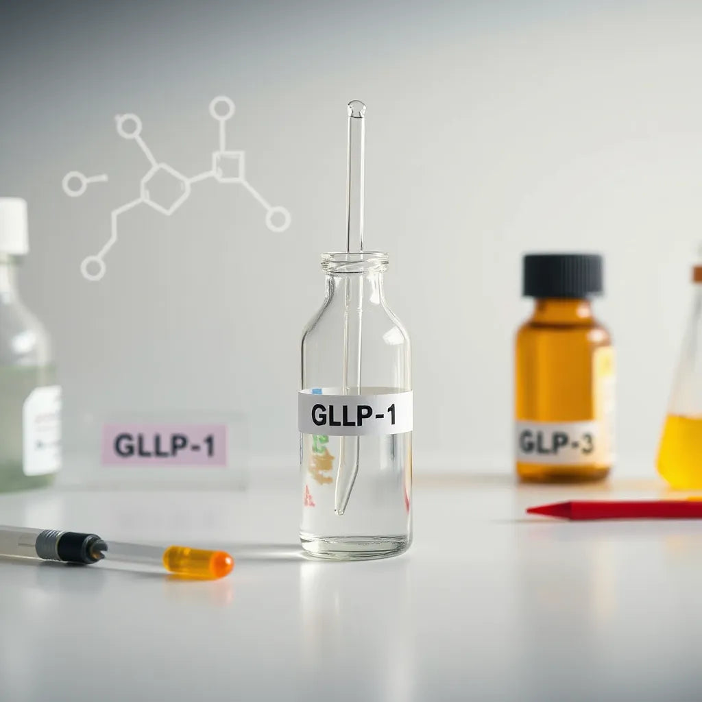 Laboratory vials and pipette with a subtle molecular overlay suggesting GLP-1, GLP-2, and GLP-3 profiles