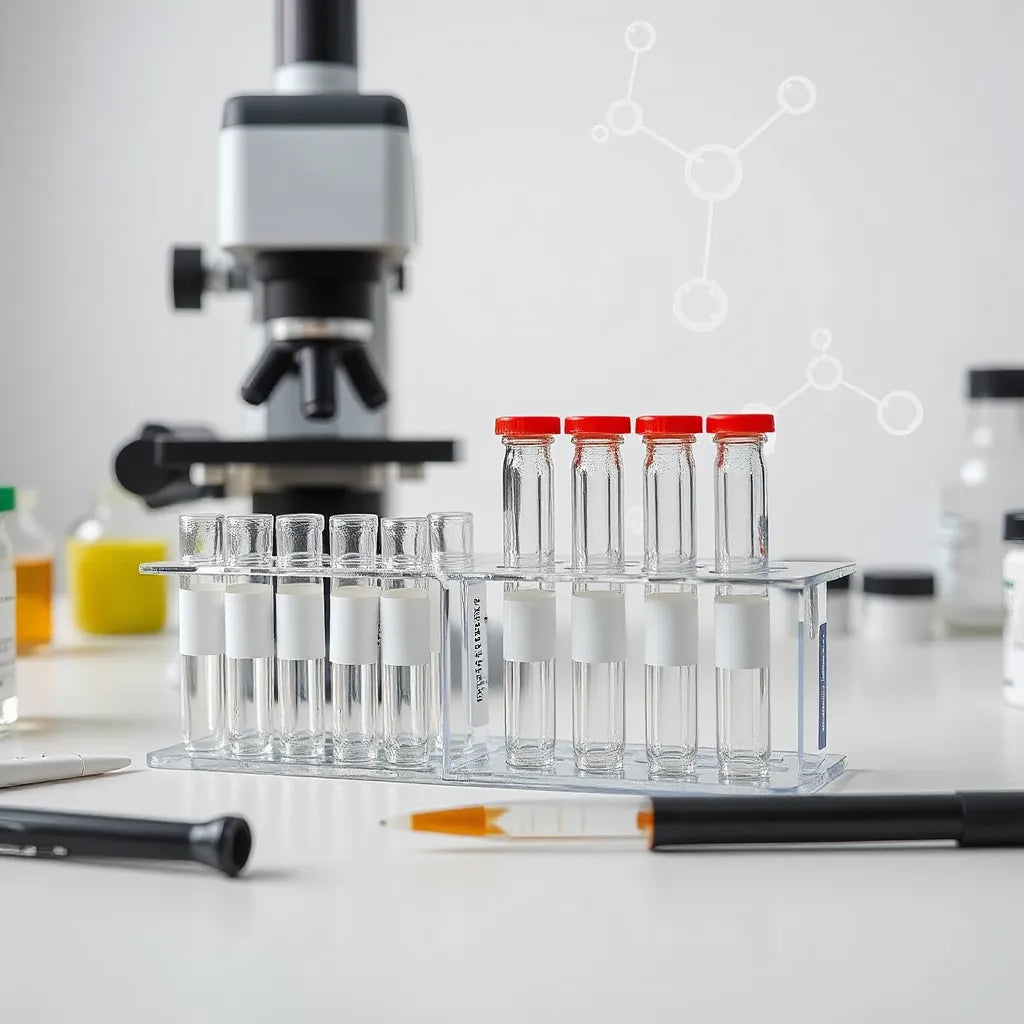 Clean lab bench with unlabeled peptide vials and a pipette under soft lighting