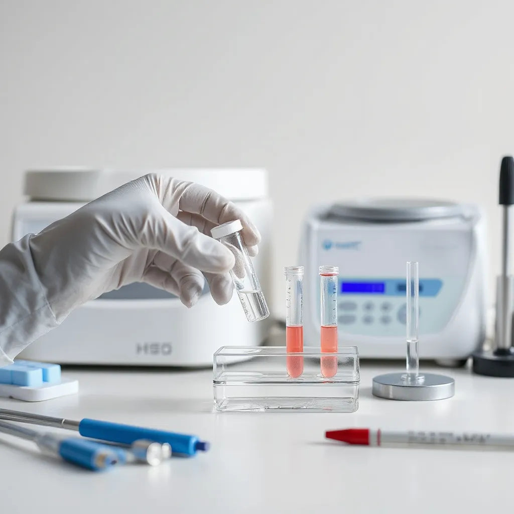 Clinician in gloves handling sterile vials and lab tools in a clean medical workspace
