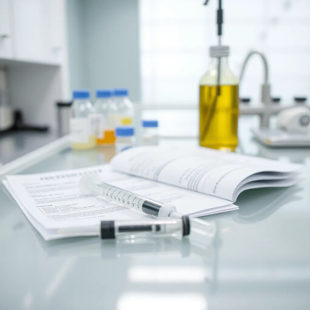 Sterile lab bench with research documents and a syringe in soft natural light