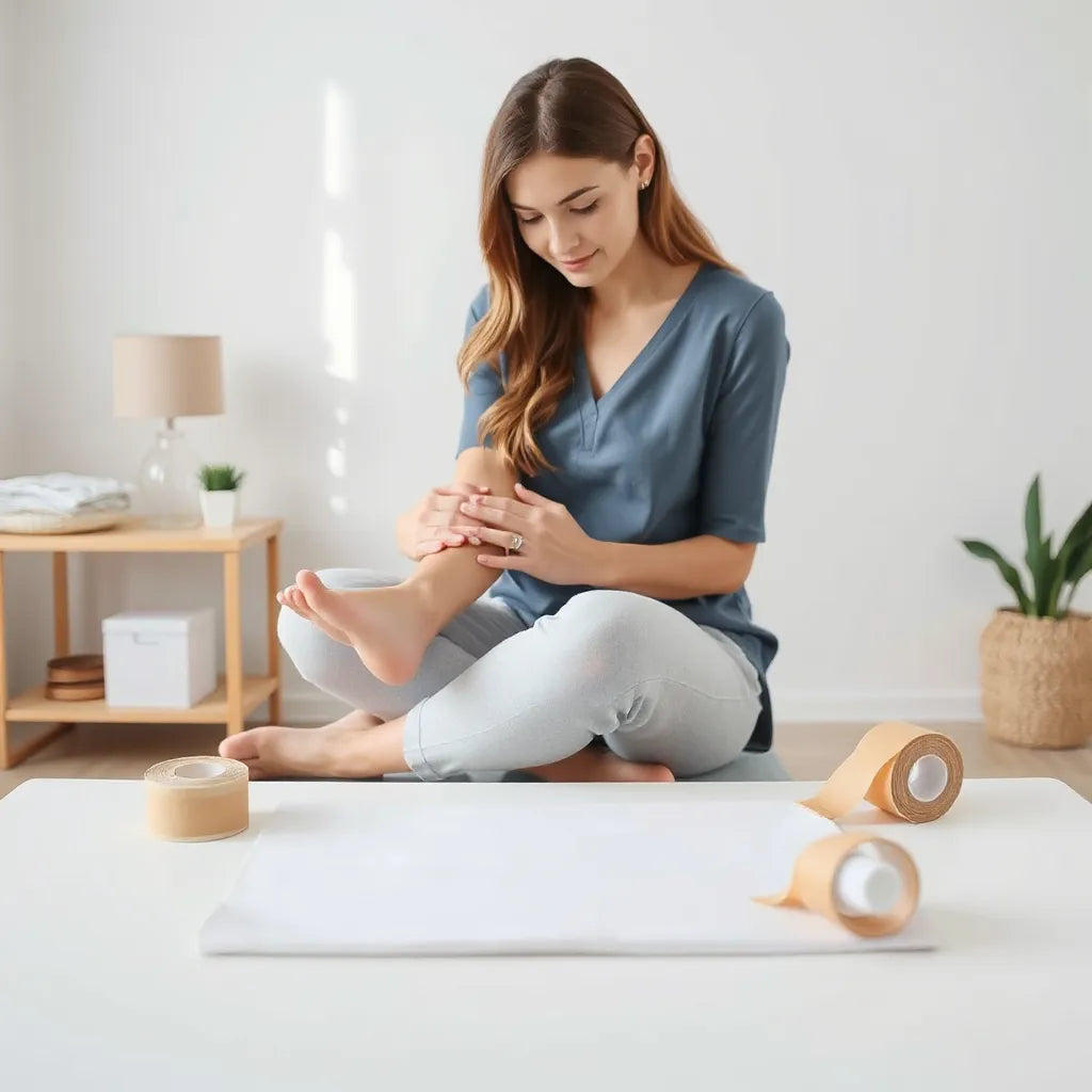 Person seated holding an injured ankle while physiotherapy supplies rest on a nearby table