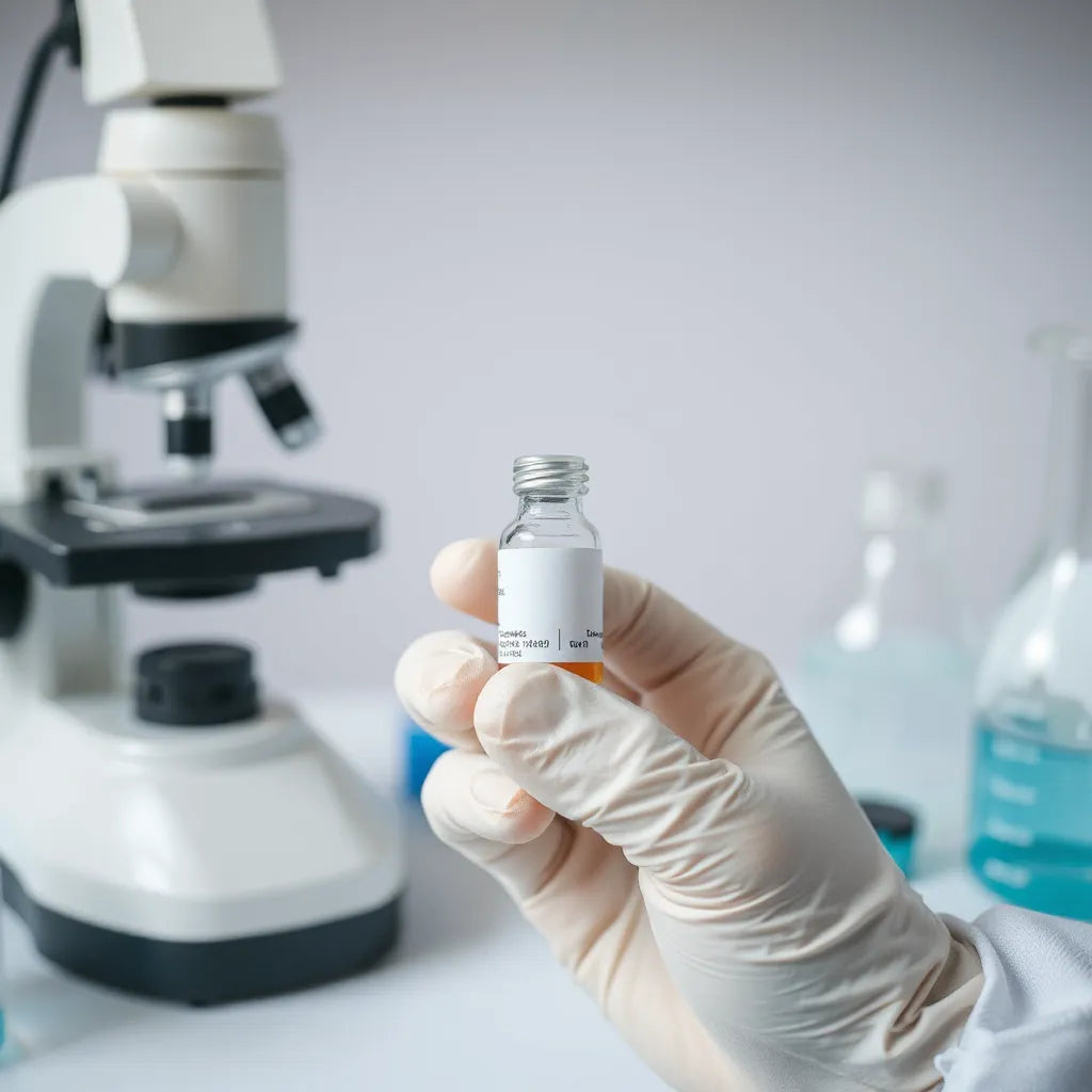 Gloved hand holding a sterile vial in a clean lab with scientific equipment blurred in the background