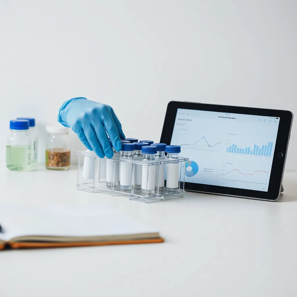 Gloved hands organizing peptide samples next to a notebook and tablet with abstract research charts