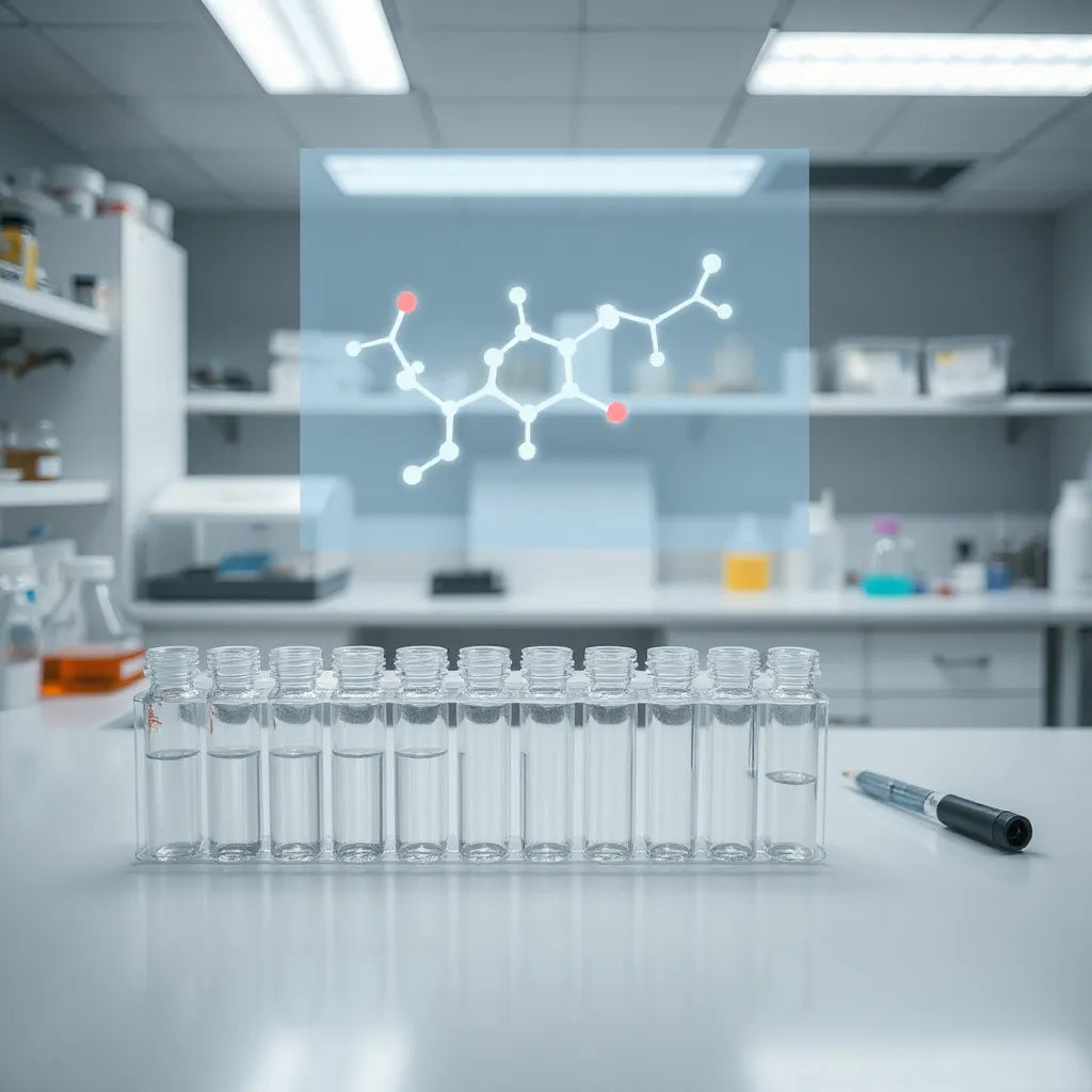Unlabeled lab vials and pipettes with a subtle molecular model suggesting GLP peptides