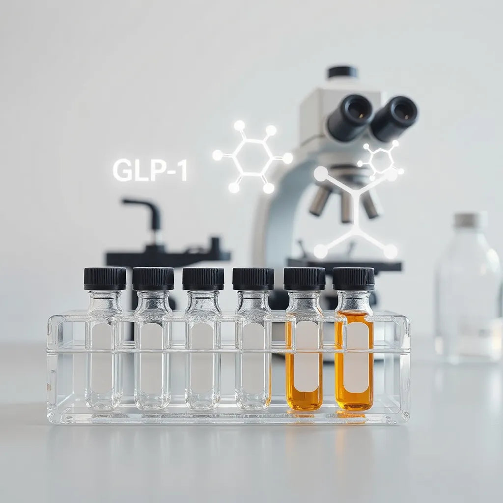 Laboratory vials with subtle glowing molecular models representing GLP peptides in a clean research setting