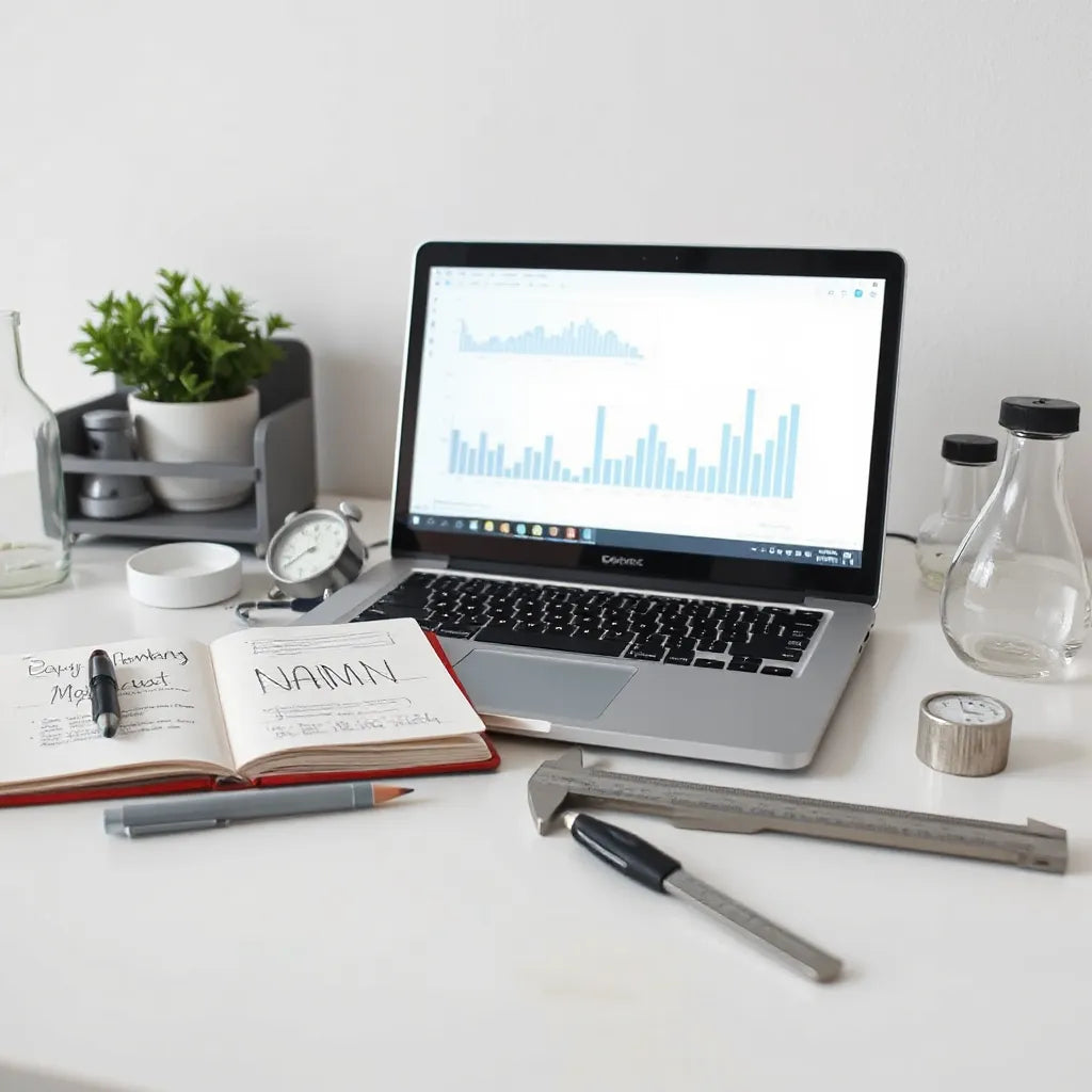 Laboratory bench with instruments and a laptop displaying blank charts for configuring experimental settings