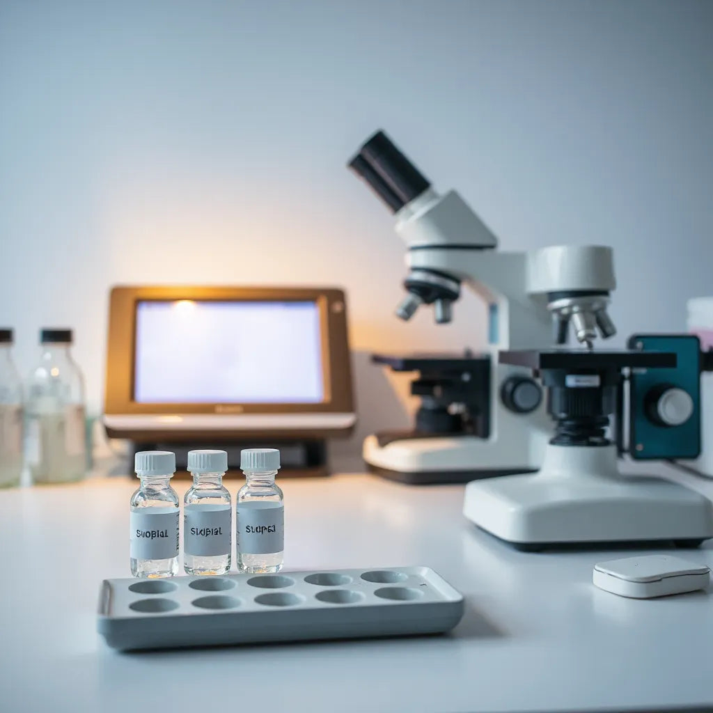 Clean laboratory bench with testing device, pipettes, and small vials for peptide quality checks