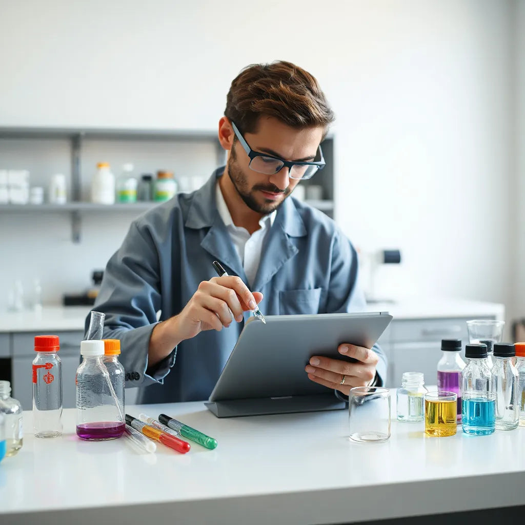 Researcher reviewing custom formulation inputs with neatly arranged lab vials and pipettes on a clean bench