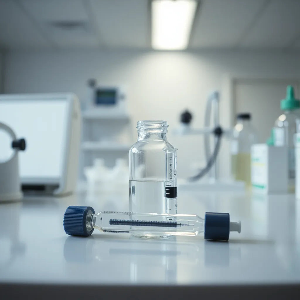 Clean vial and syringe on a minimalist lab bench under soft neutral lighting
