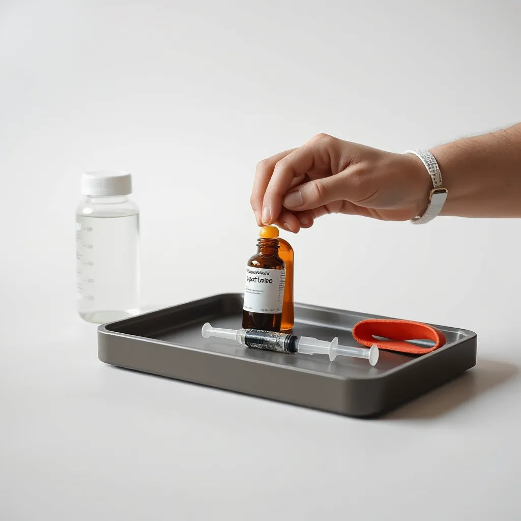 Peptide recovery supplies on a tray beside workout gear in a clean, minimal setting