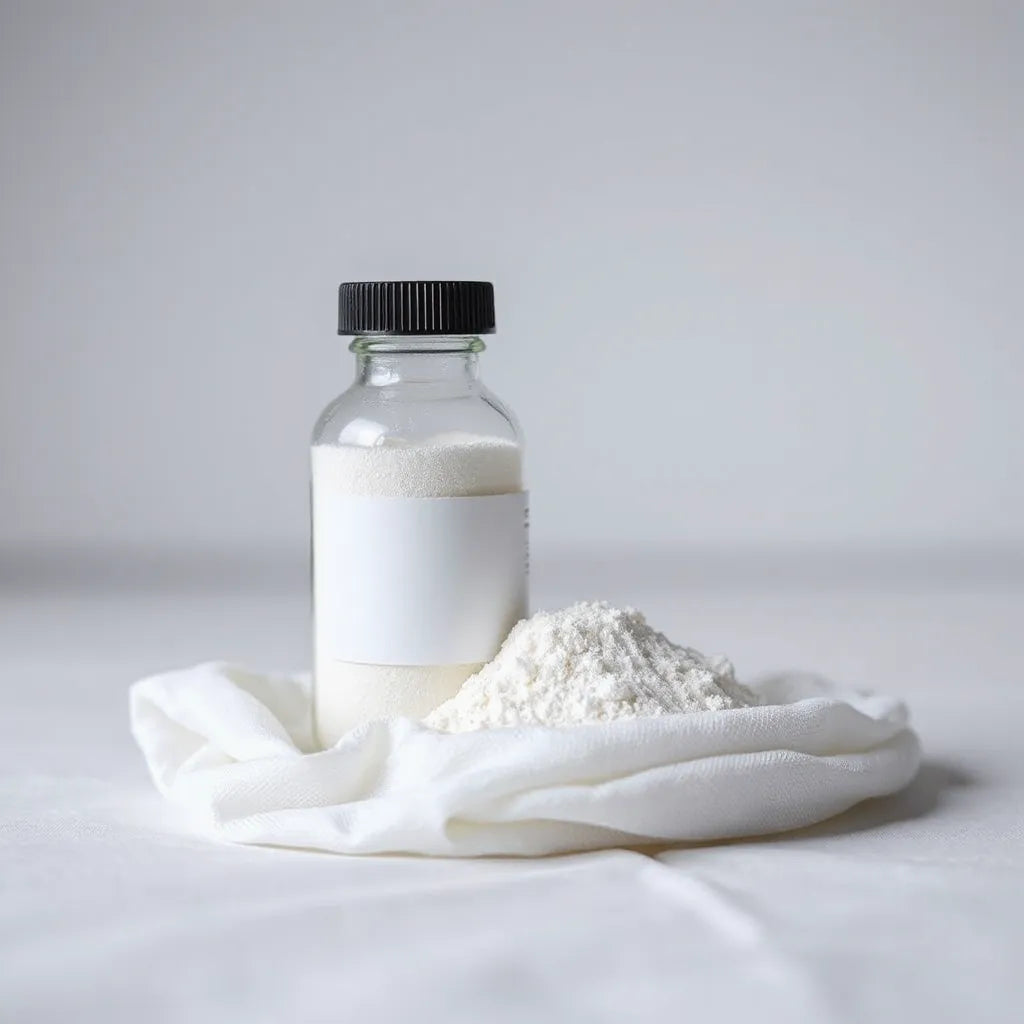 Sterile vial with pale lyophilized powder on a clean white surface in soft neutral light