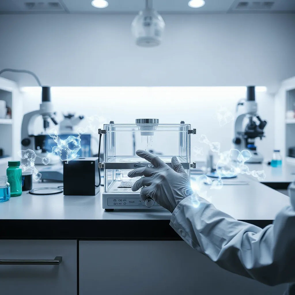 Bioreactor in a clean lab with subtle tissue scaffold visuals and a gloved researcher adjusting sterile tools
