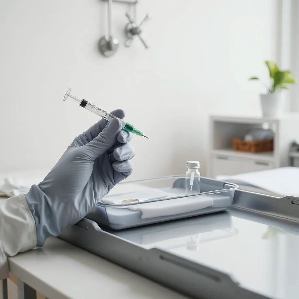 Clinician preparing a sterile syringe and vial in a clean clinical setting for recovery injections
