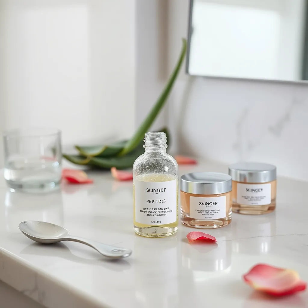 Skincare serum and cream jars with subtle droplets on a clean vanity counter