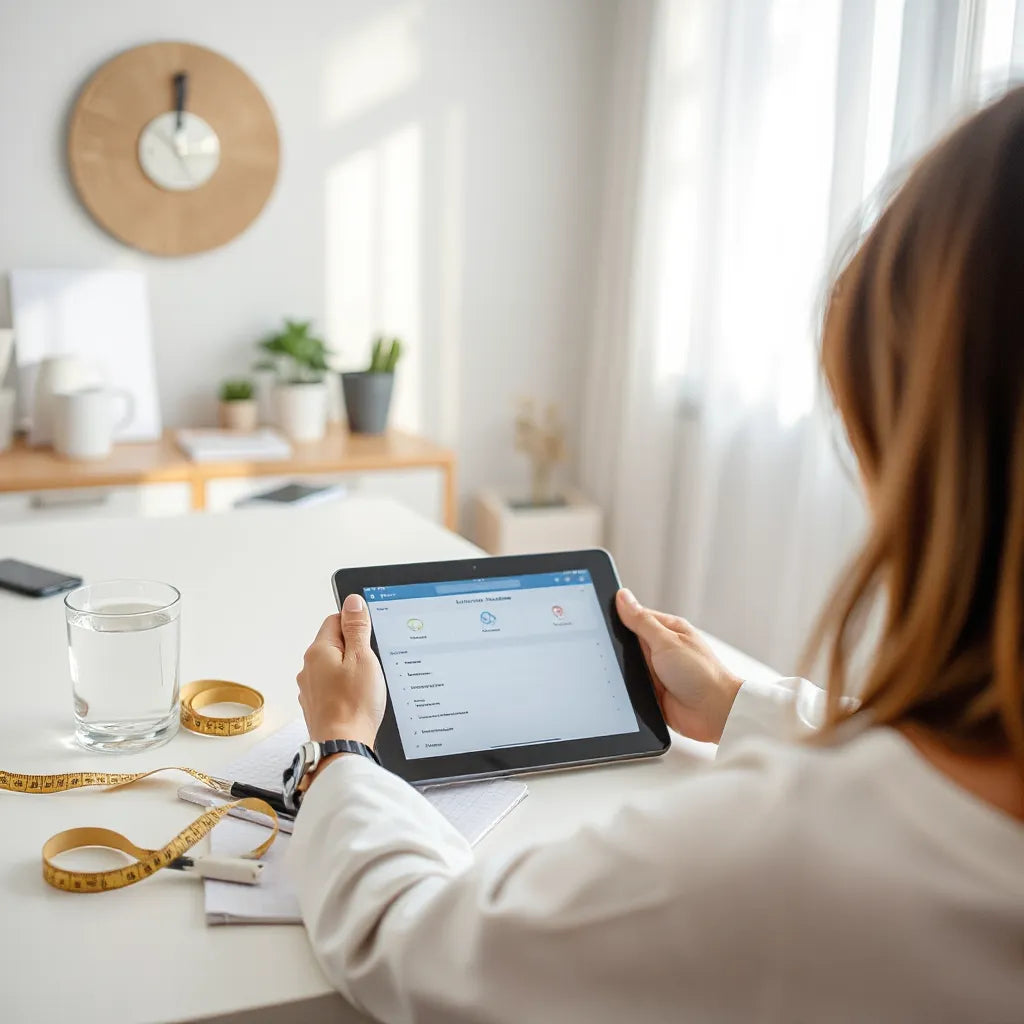 Person reviewing personalized wellness guidance on a tablet in a clean consultation setting