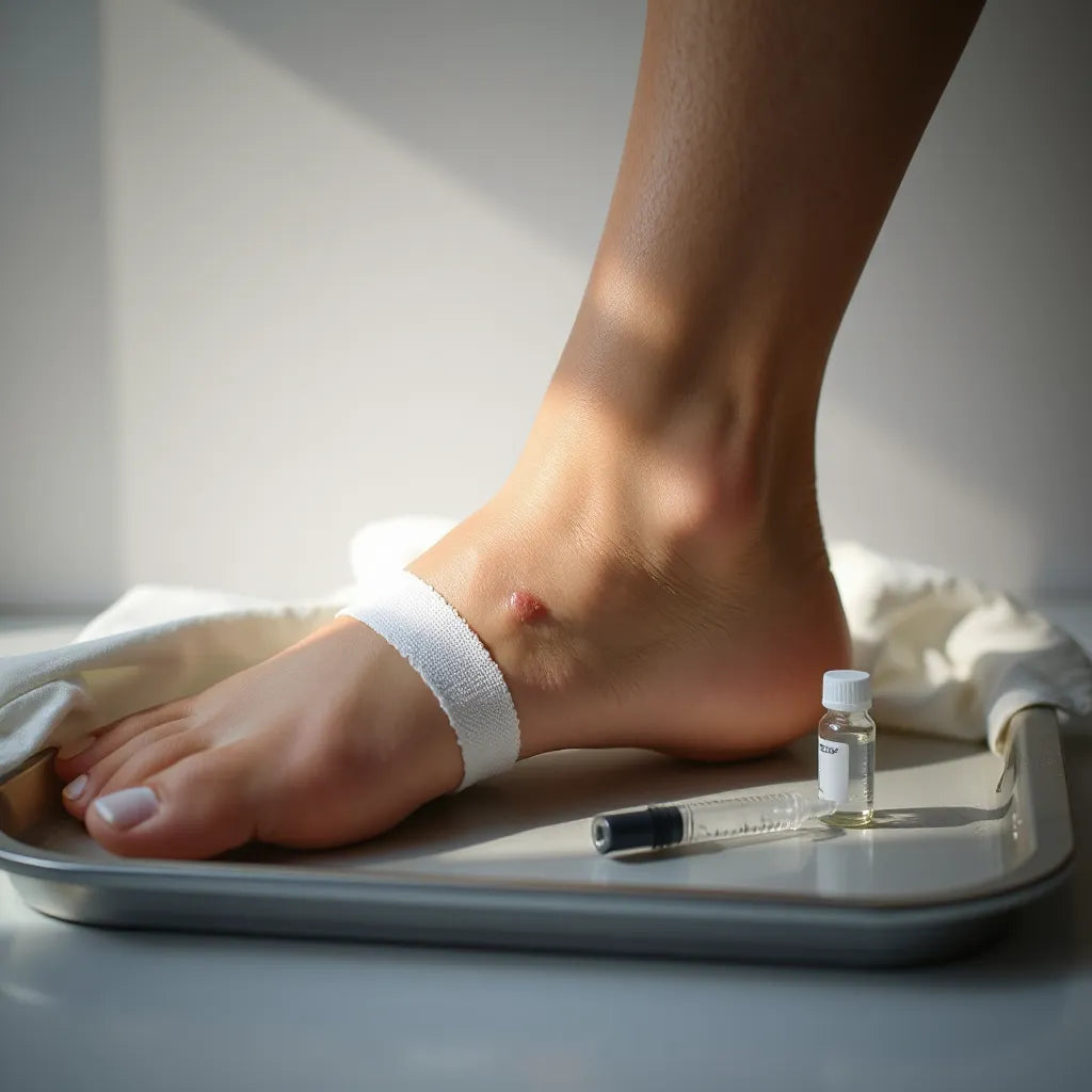 Clean bandage on an ankle beside a syringe and small medical vial, suggesting injury recovery support