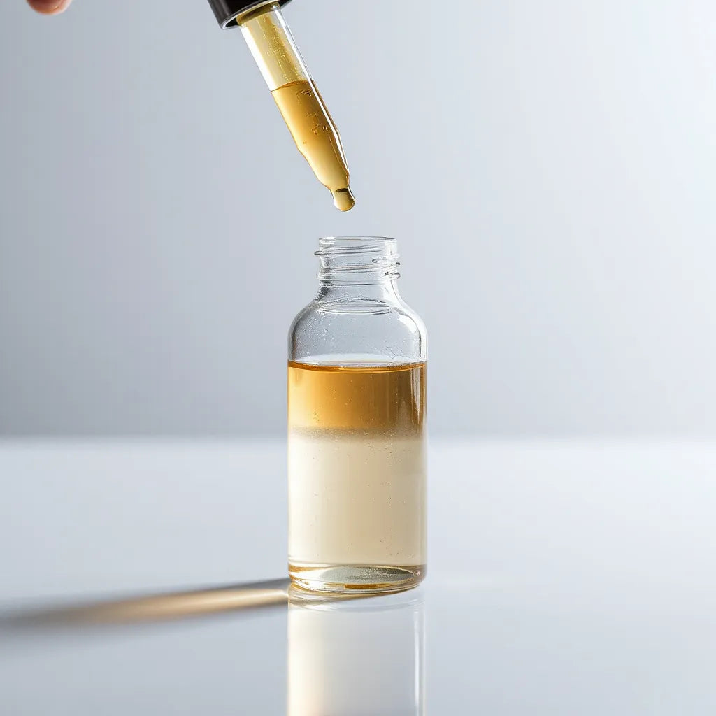 Glass vial and pipette releasing a subtle molecular stream into clear water under soft lab lighting