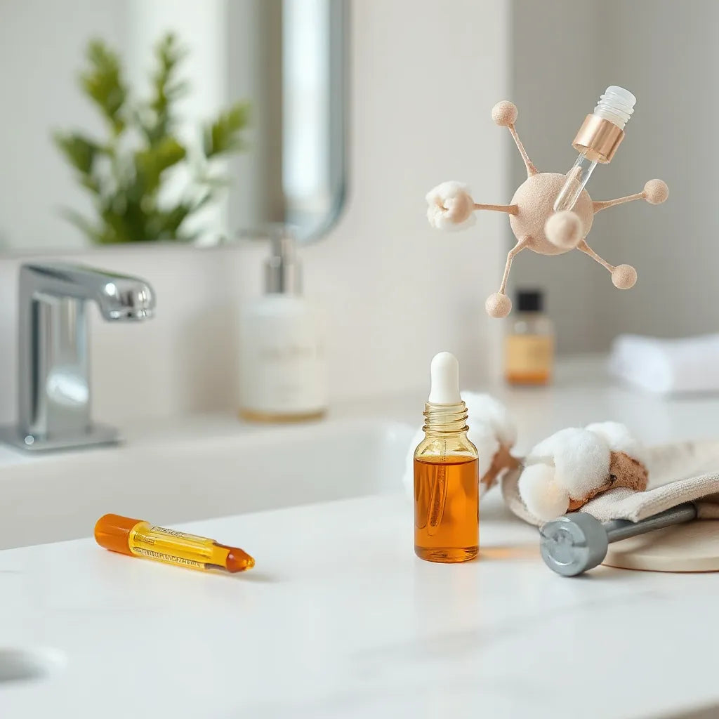Minimal skincare setup with serum vial and dropper under soft natural light