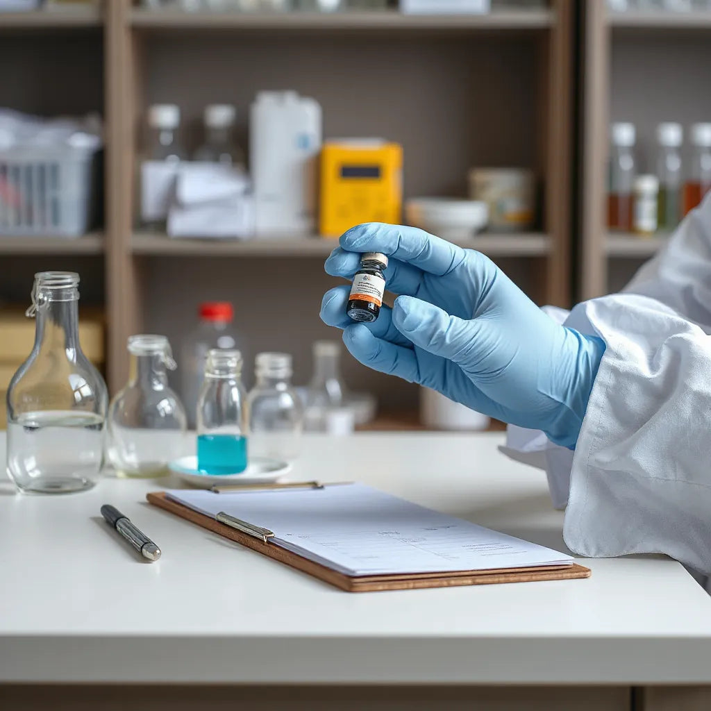Gloved hands holding a vial and syringe in a clean laboratory setting