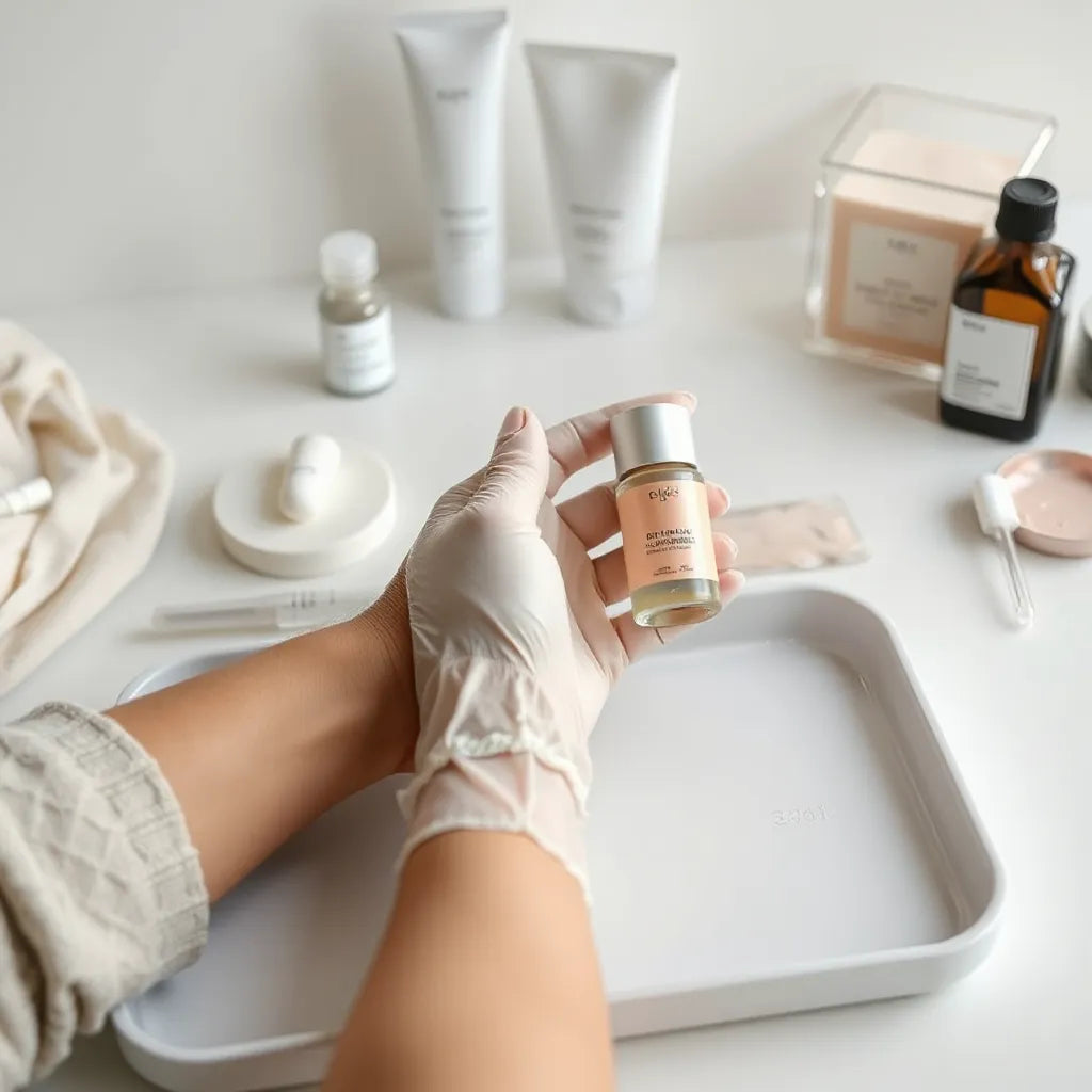 Clinician preparing a sterile vial and syringe in a minimal skincare clinic setting