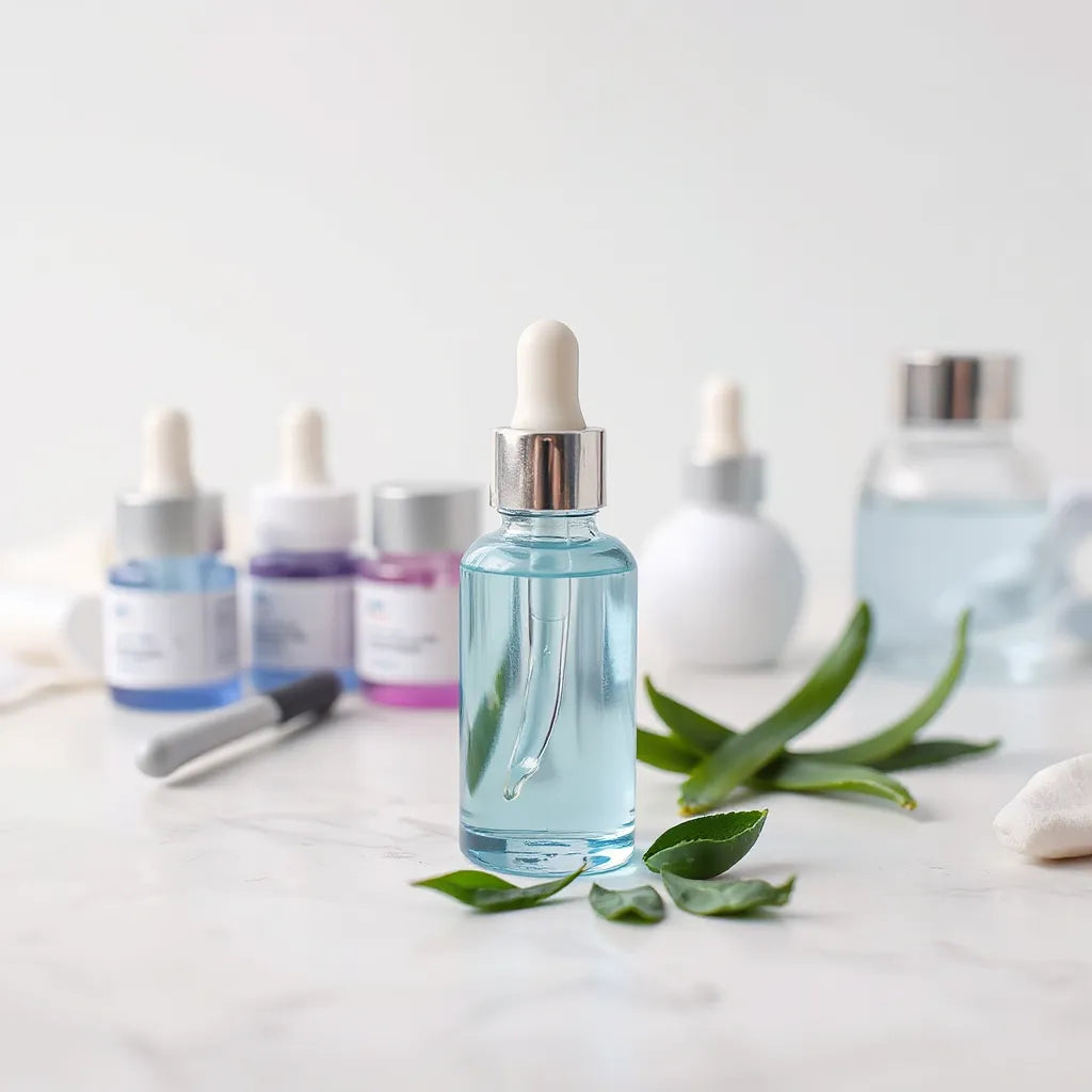 Serum dropper bottle with soft blue glow and minimal lab tools on a clean skincare surface