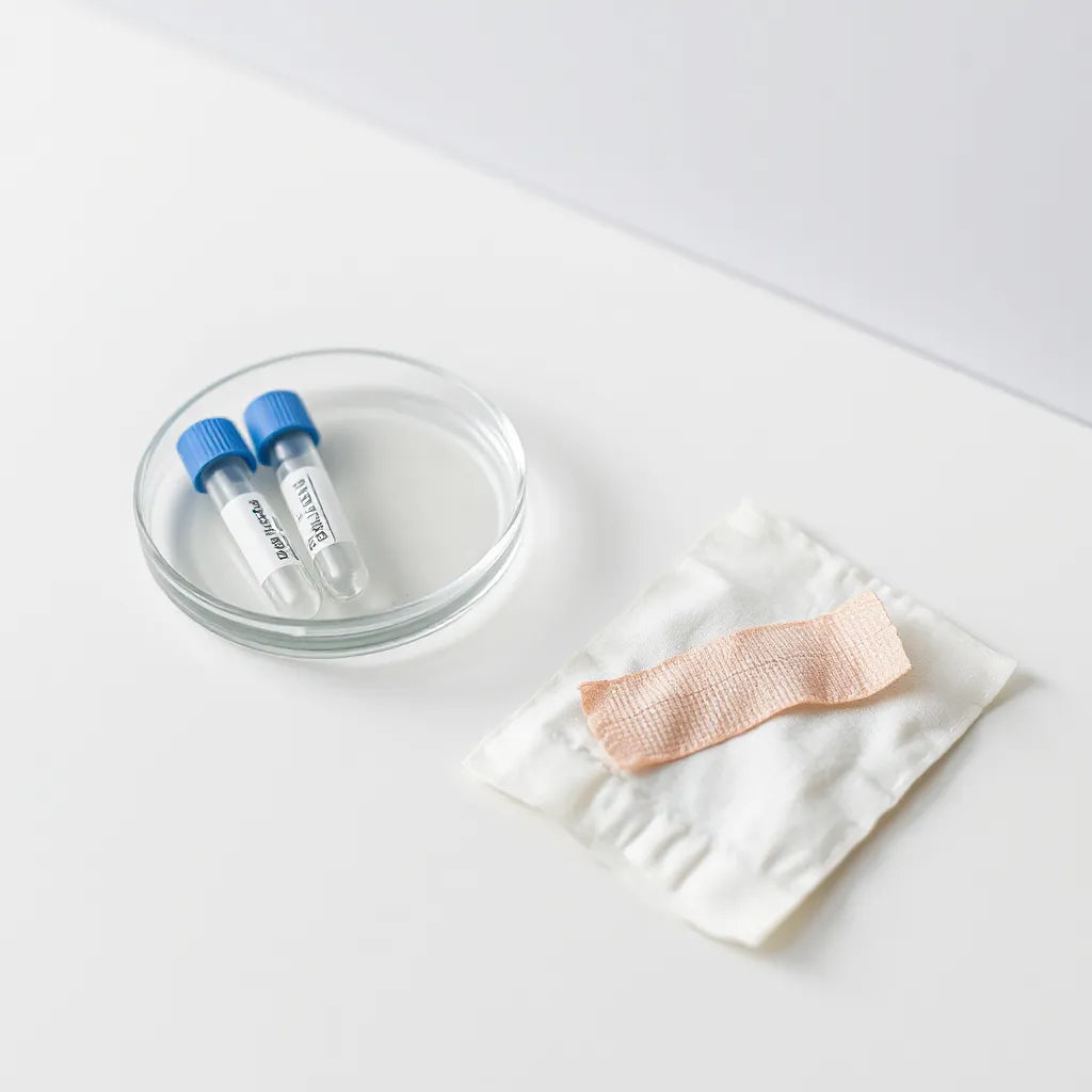 Petri dish and medical gauze beside a lightly bandaged minor wound