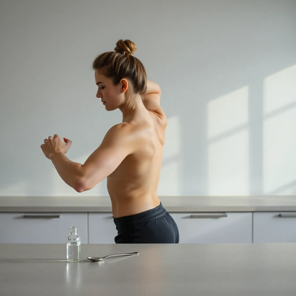Person stretching after a workout with a small vial and minimal recovery items on a countertop