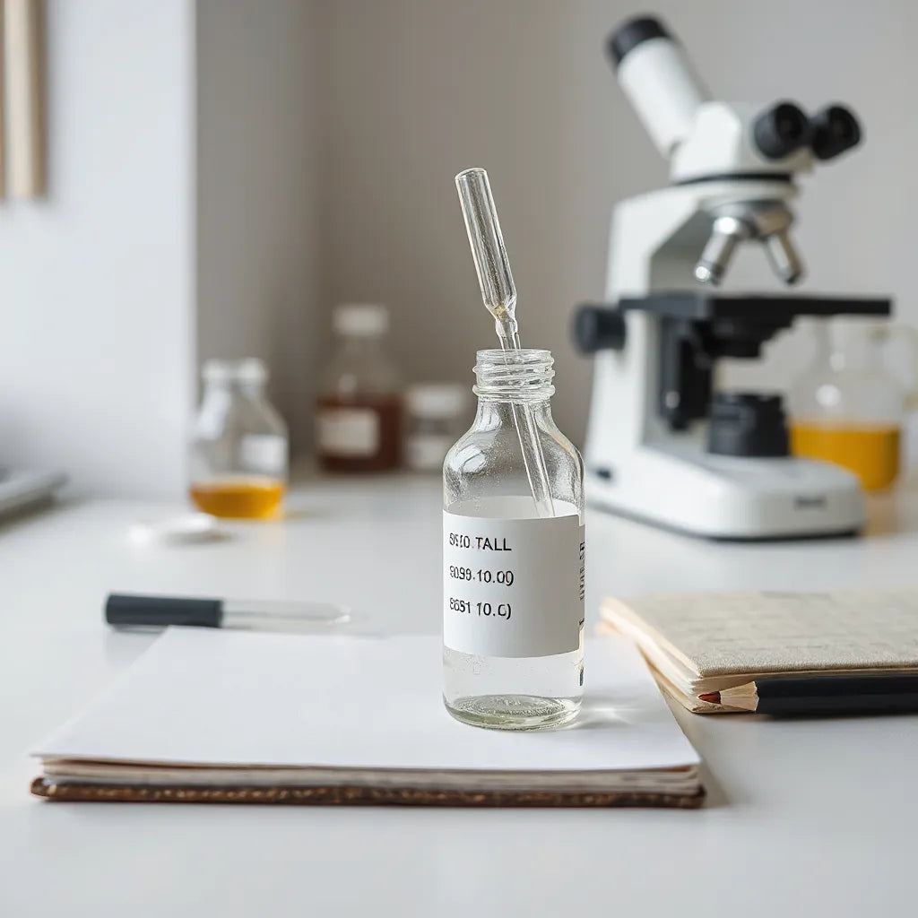 Lab bench with vials, pipette, notebook, and microscope for research-focused peptide study